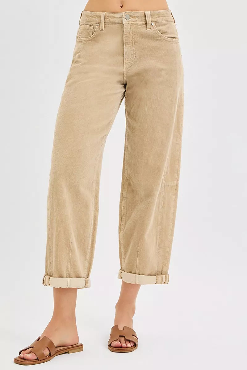 RISEN High Rise Crop Barrel Cordurory Pants in - photo