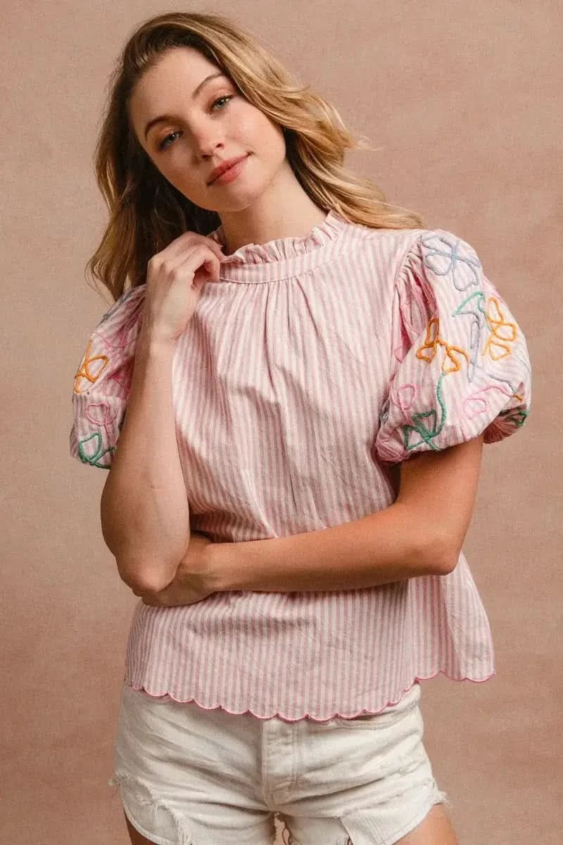BiBi Embroidery Bubble Sleeve Top With Bottom Scallop Detail in - photo
