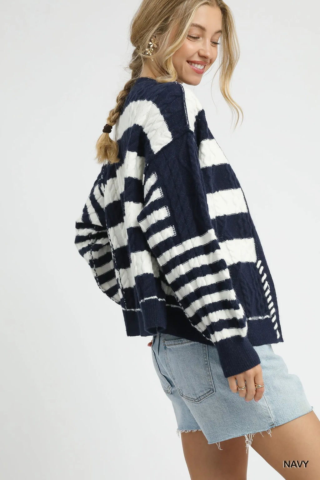 Umgee Cable-Knit Stripe Button-Up Cardigan in - photo
