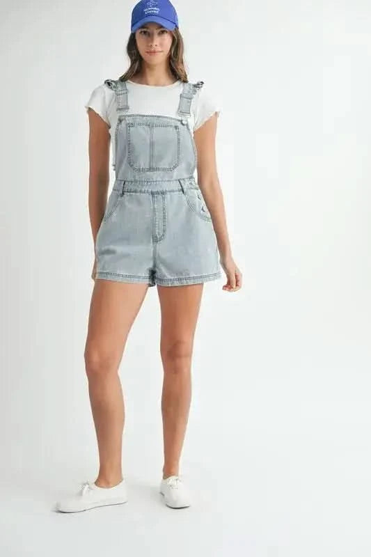 MABLE Square Neck Ruffle Shoulder Denim Overall Romper - SwagglyLife Home & Fashion