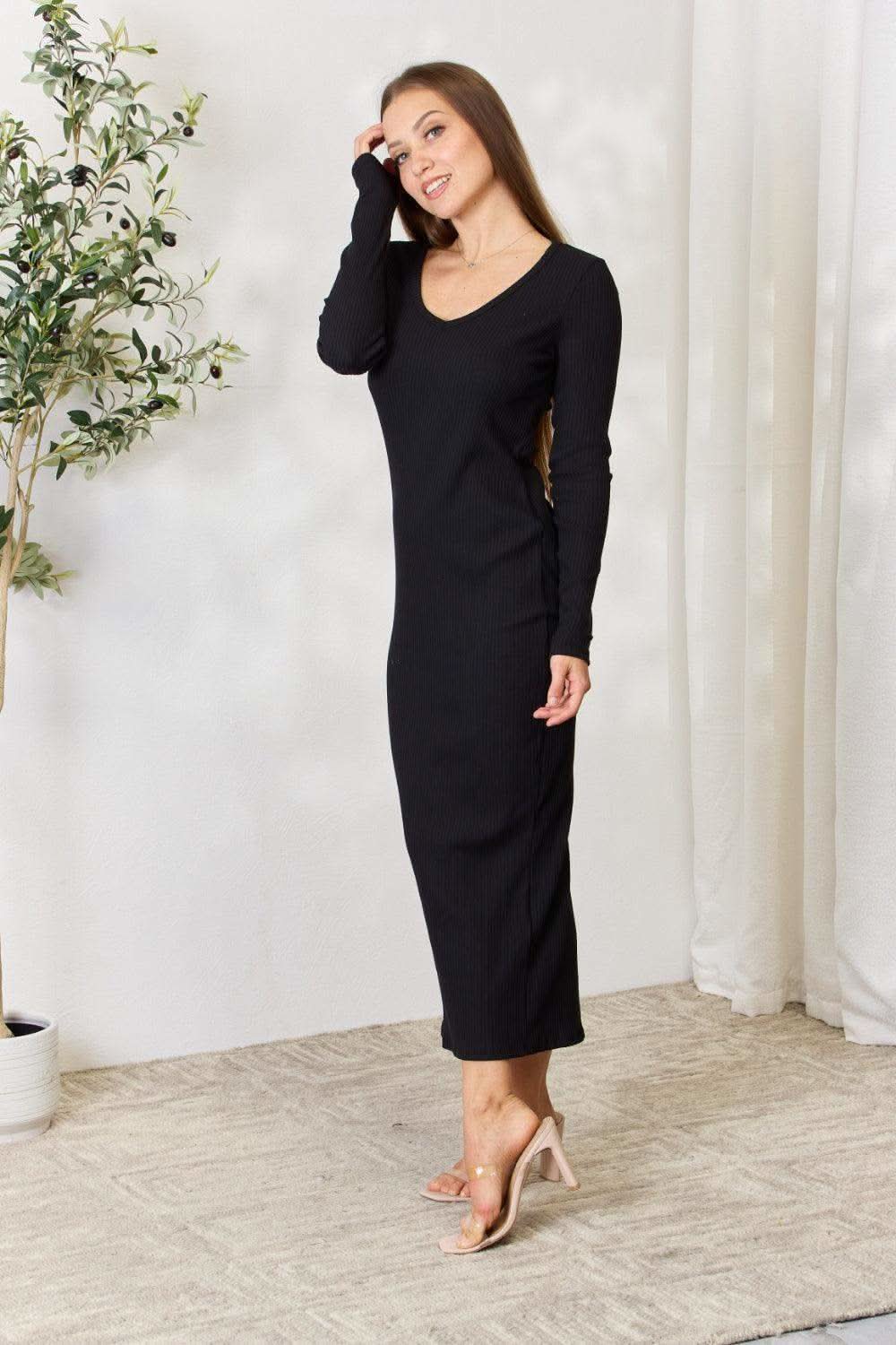 Culture Code Full Size Ribbed Long Sleeve Midi Slit Dress in - Maxi Dresses photo