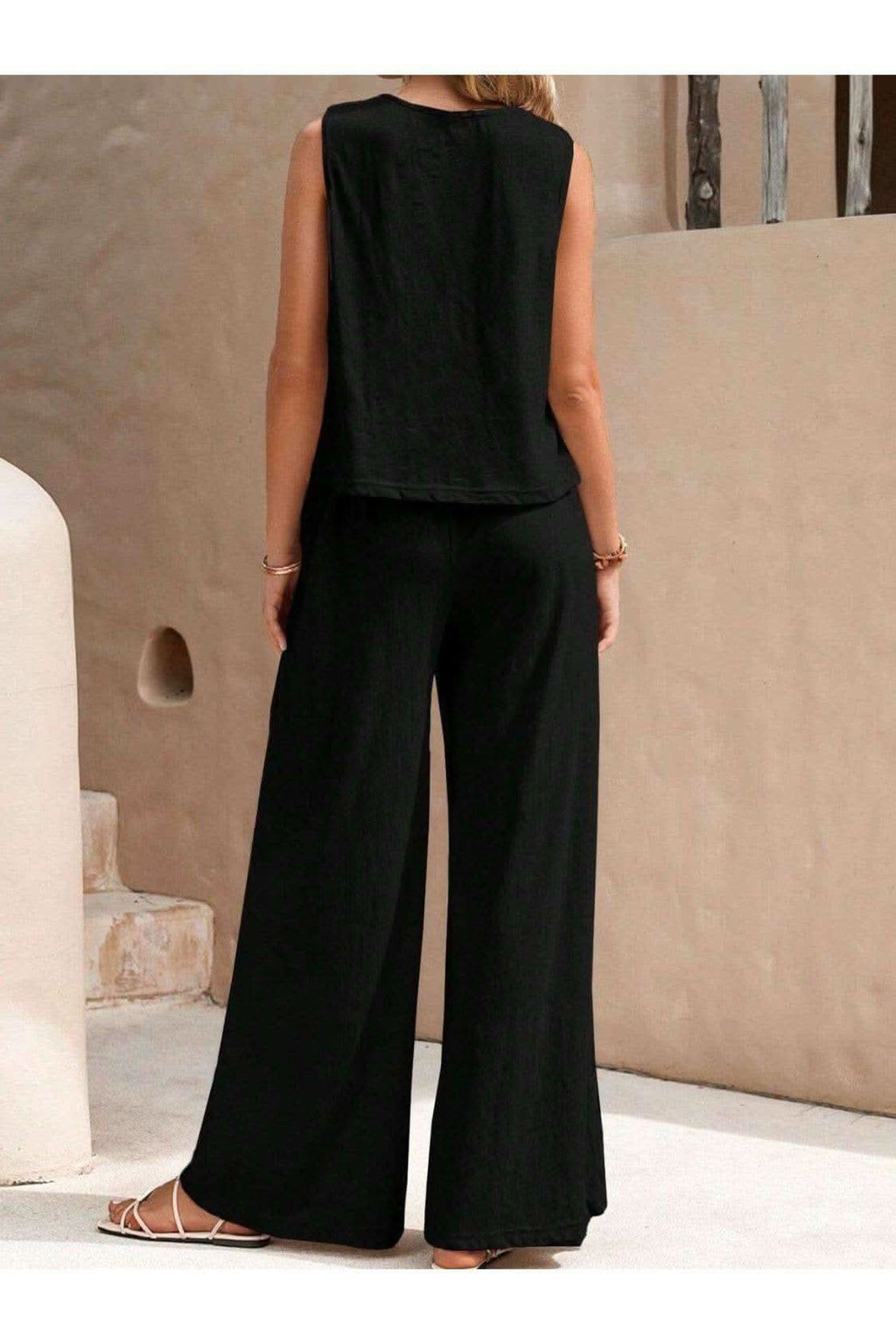 Round Neck Sleeveless Top and Wide Leg Pants Set - SwagglyLife Home & Fashion
