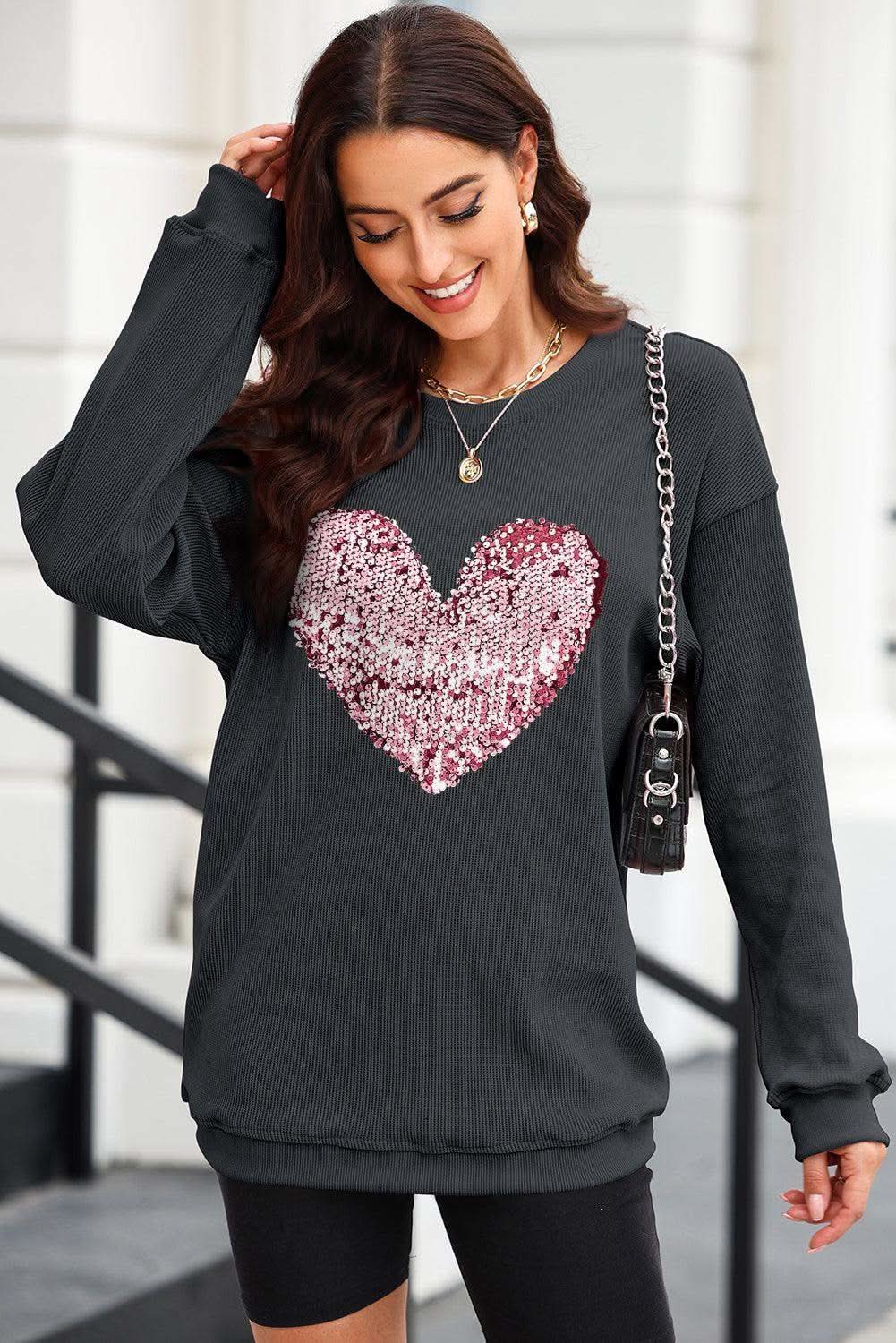 Heart Sequin Round Neck Sweatshirt - SwagglyLife Home & Fashion