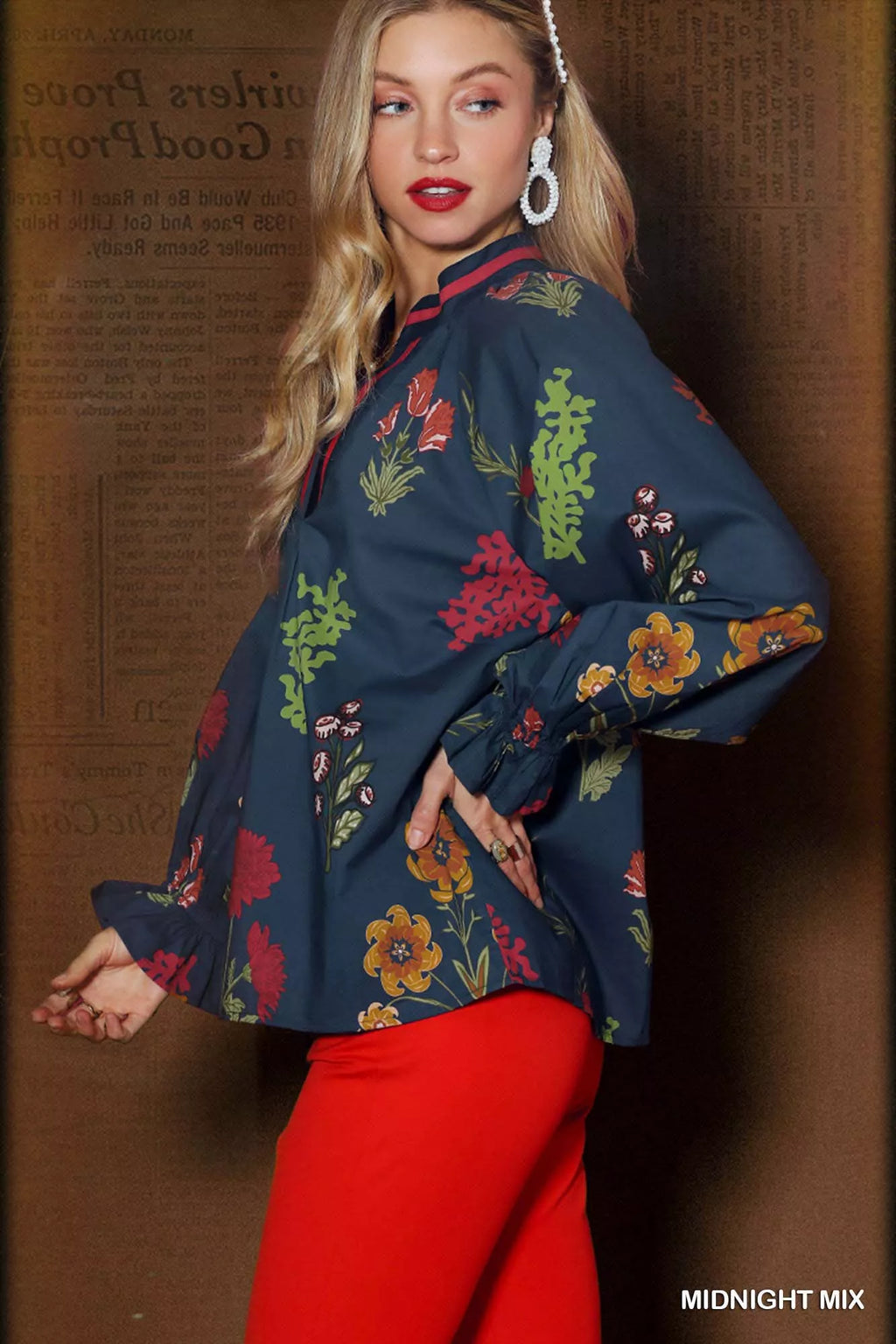 Umgee Floral Print Flounce Sleeve Blouse in - photo
