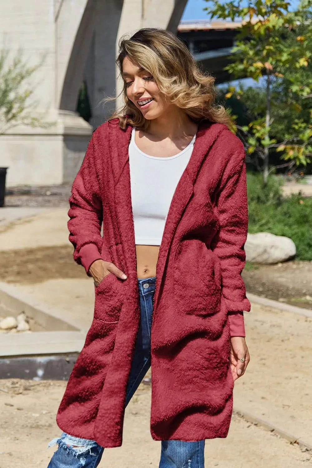 Double Take Full Size Hooded Teddy Bear Jacket with Thumbholes in Deep Red - photo
