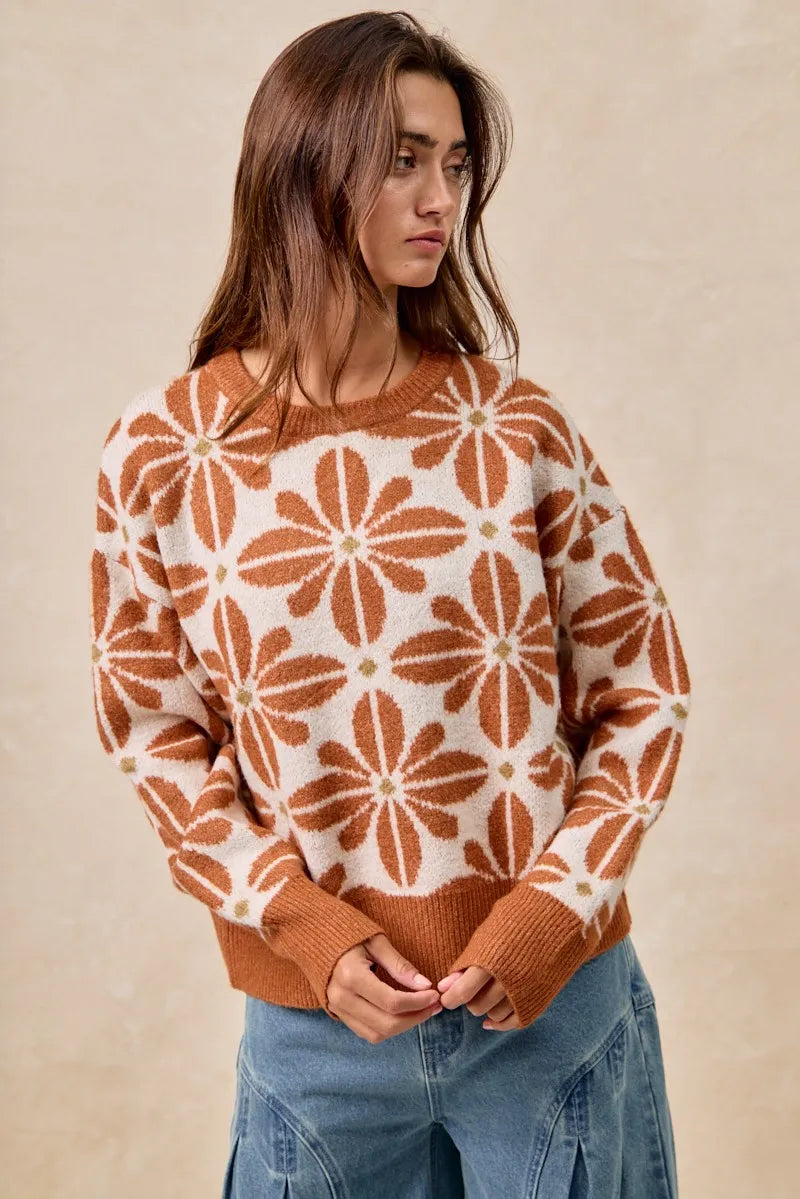 BiBi Flower Pattern Long Sleeve Sweater - SwagglyLife Home & Fashion