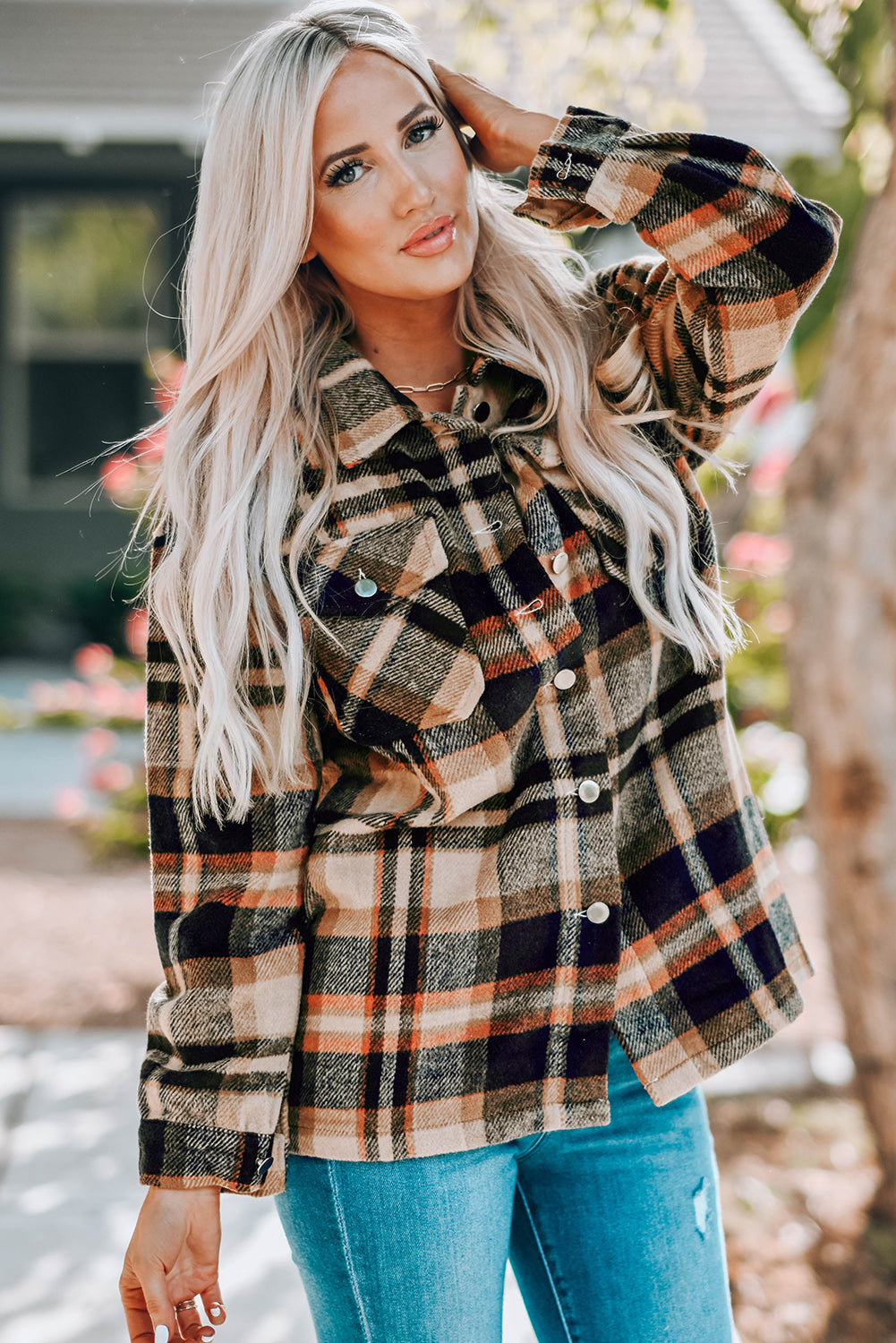 Plaid Button Front Shirt Jacket with Breast Pockets in - photo