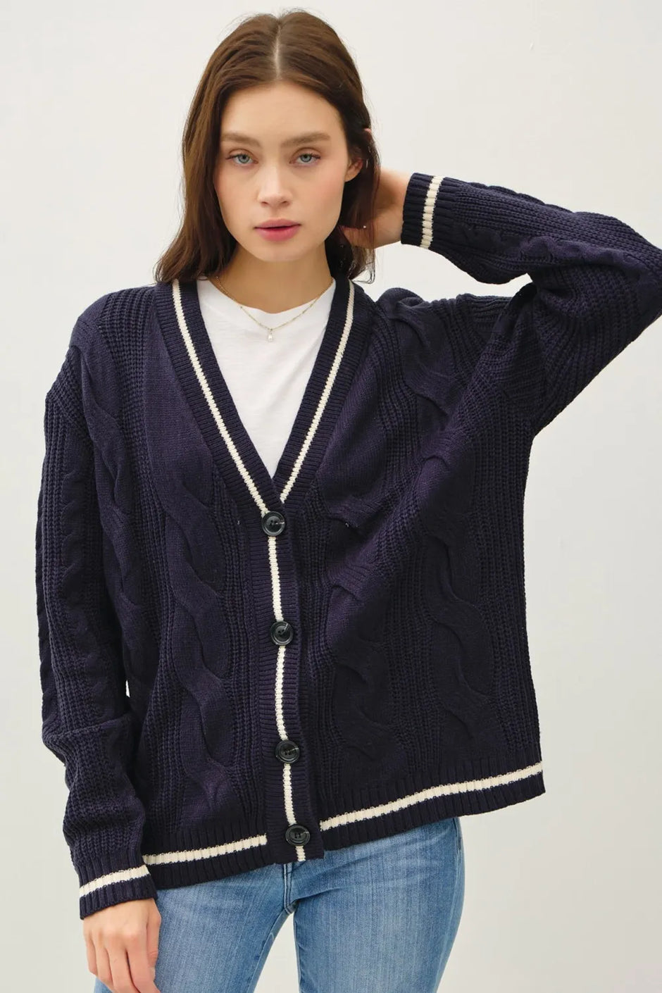 Be Cool Contrast Trim Cable-Knit V-Neck Cardigan - SwagglyLife Home & Fashion