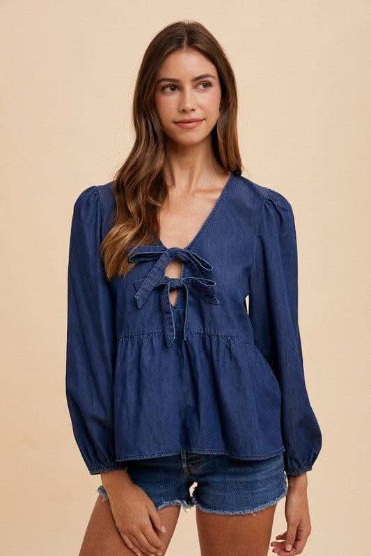 Annie Wear Tie Front Peplum Long Sleeve Denim Top - SwagglyLife Home & Fashion Annie Wear Tie Front Peplum Long Sleeve Denim Top - SwagglyLife Home & Fashion