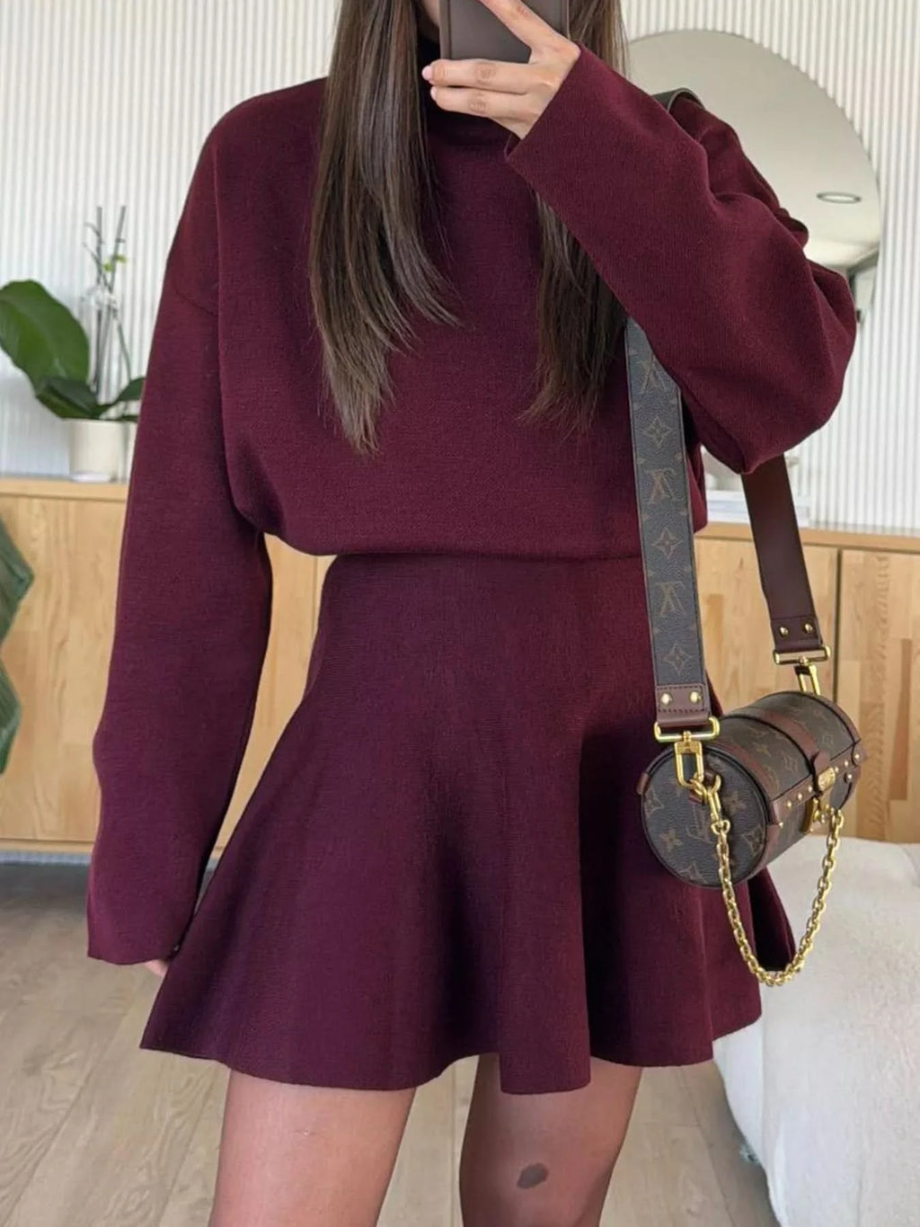 Round Neck Long Sleeve Mini Sweater Dress in Burgundy - photo