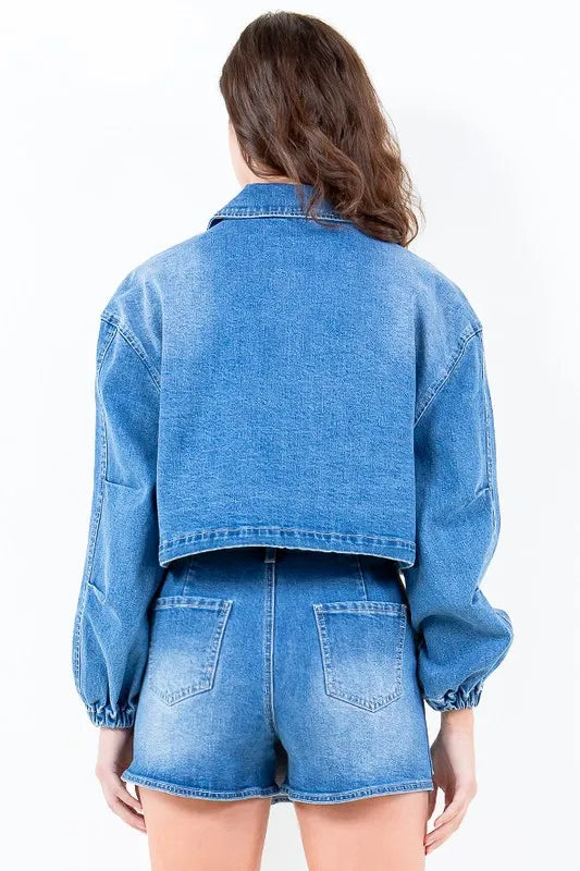American Bazi Full Size Drop Shoulder Cropped Denim Jacket with Waist Strap Plus Size in - photo