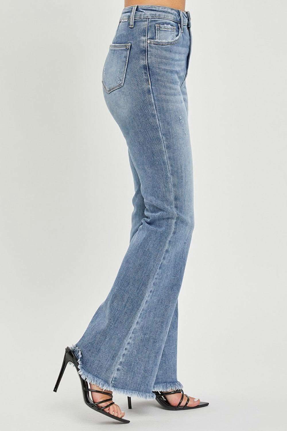 RISEN Full Size High Waist Raw Hem Flare Jeans in - photo