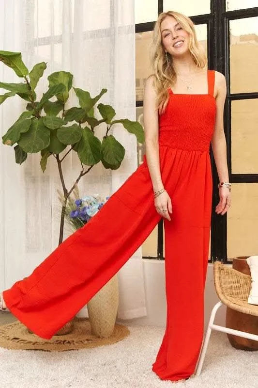 ADORA Full Size Smocking Top Wide Leg Jumpsuit Plus Size in RED CORAL - photo