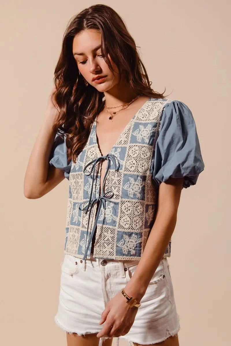 SO ME Crochet Lace Tie Front V Neck Blouse Top - SwagglyLife Home & Fashion