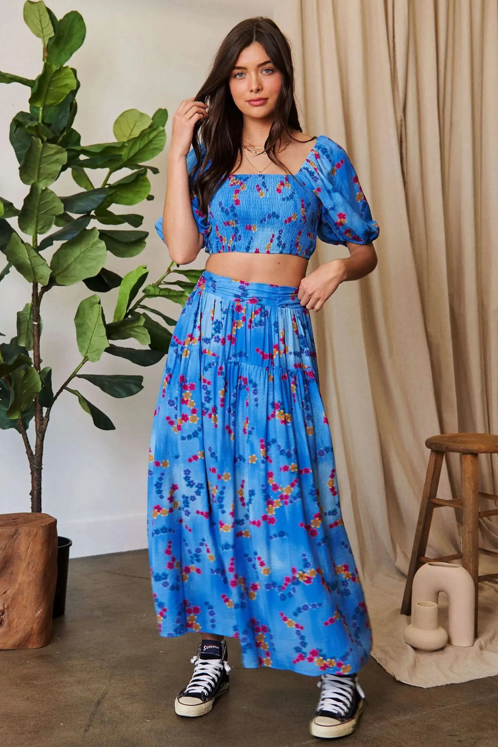 Davi & Dani Smocing Bodice Puff Short Sleeve Printed Crop Top - SwagglyLife Home & Fashion