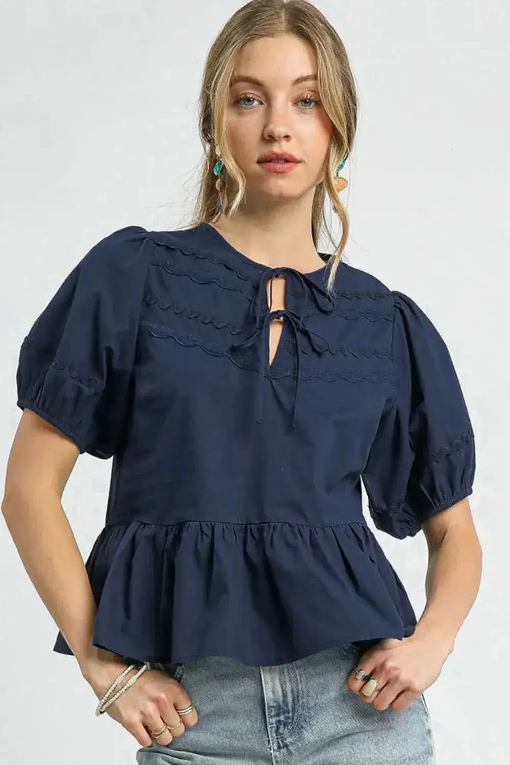 Umgee Tie Front Puff Sleeve Blouse in Dark Navy - photo