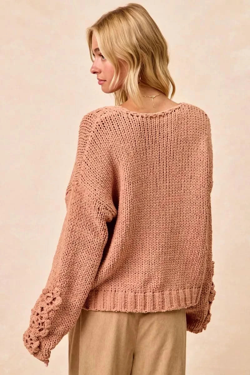 BiBi Chunky Knit Sweater with Flower Detail Sleeves in - photo