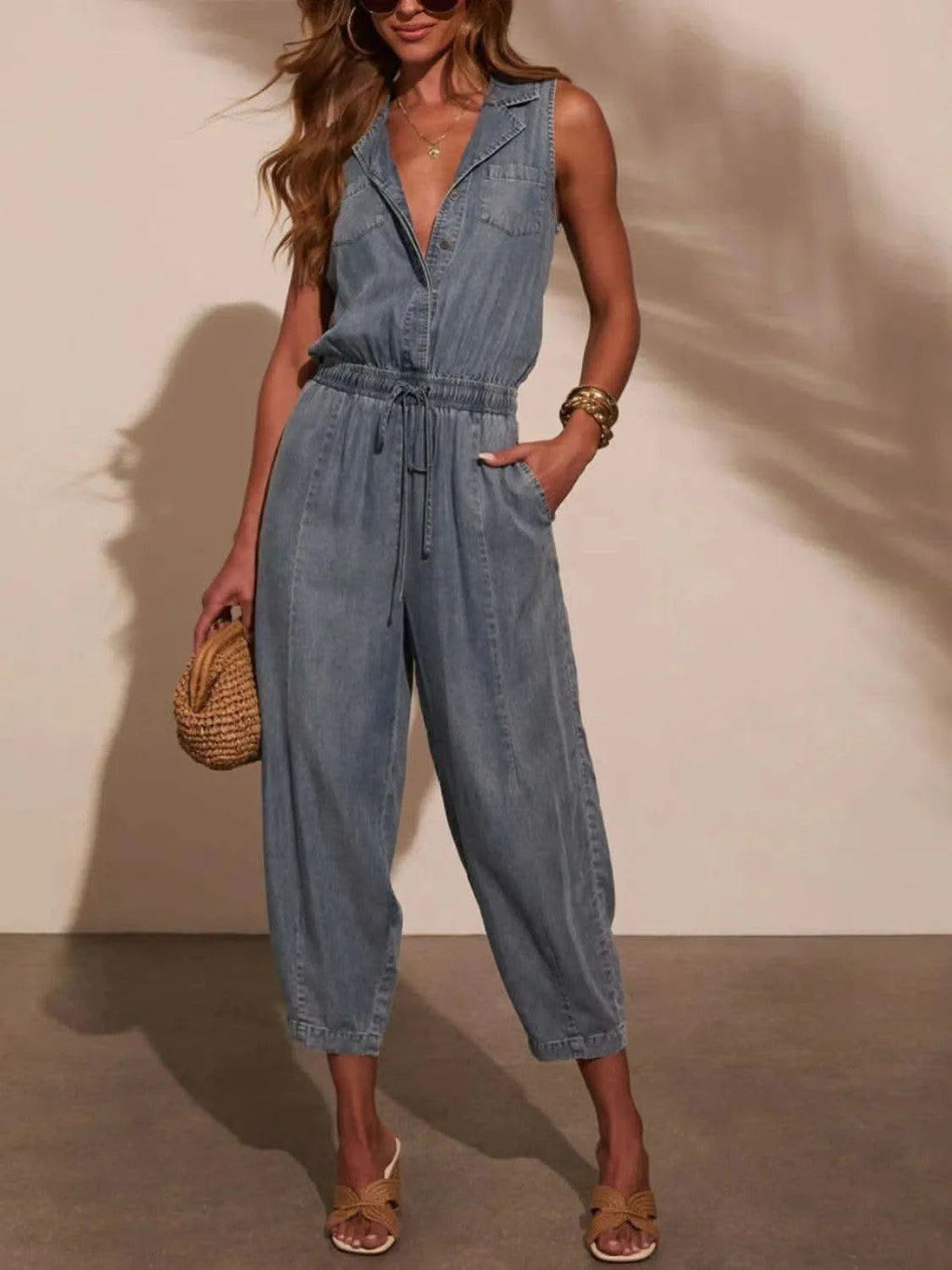 Sleeveless Drawstring Waist Washed Denim Jumpsuit - SwagglyLife Home & Fashion