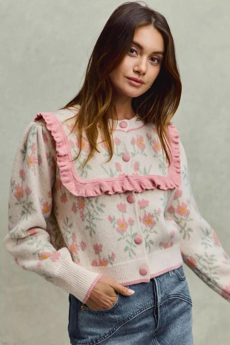 SO ME Flower With Ruffle Detailing Sweater Cardigan in - photo