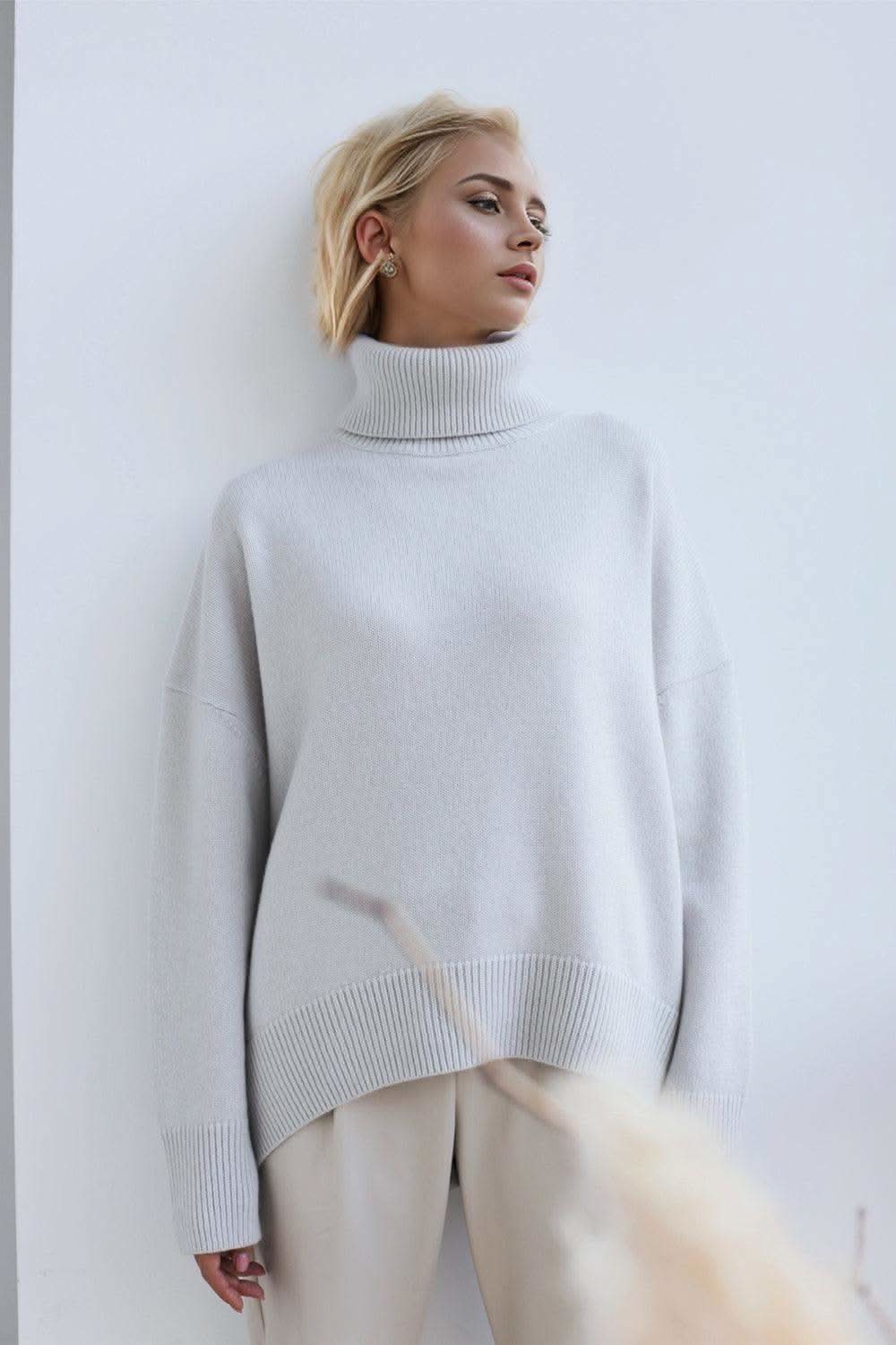 Basic Bae Turtleneck Dropped Shoulder Long Sleeve Sweater in Light Gray One Size - sweater photo