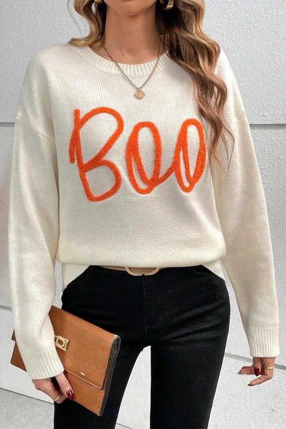BOO Round Neck Long Sleeve Sweater - SwagglyLife Home & Fashion BOO Round Neck Long Sleeve Sweater - SwagglyLife Home & Fashion