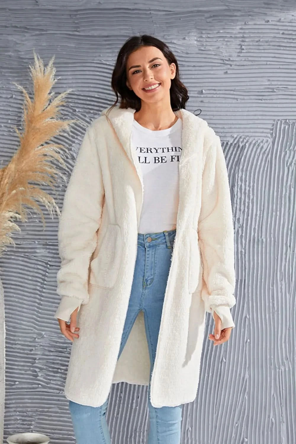 Double Take Full Size Hooded Teddy Bear Jacket with Thumbholes in - photo