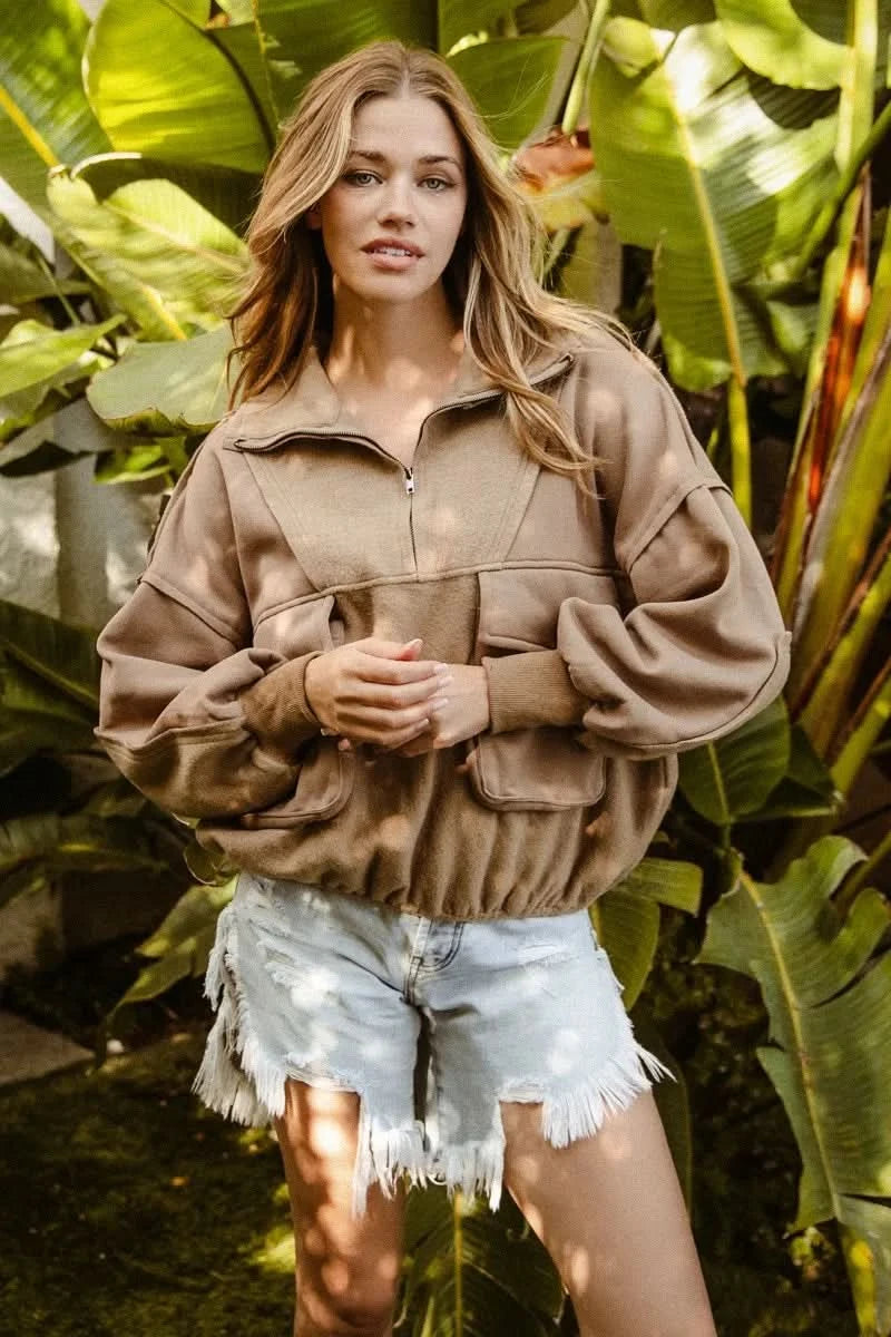 BiBi Half Zip Vintage Washed Fleece Pullover in MOCHA - photo