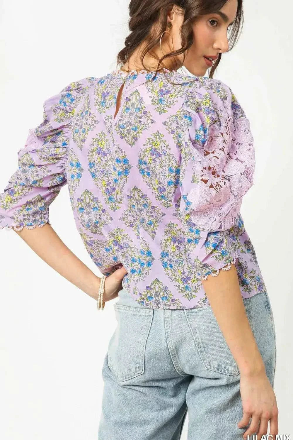 Umgee Printed Lace Puff Sleeve Blouse - SwagglyLife Home & Fashion