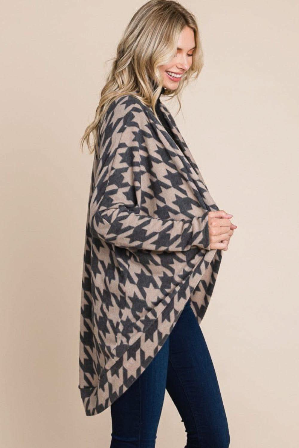 BOMBOM Houndstooth Open Front Cocoon Knit Cardigan - SwagglyLife Home & Fashion