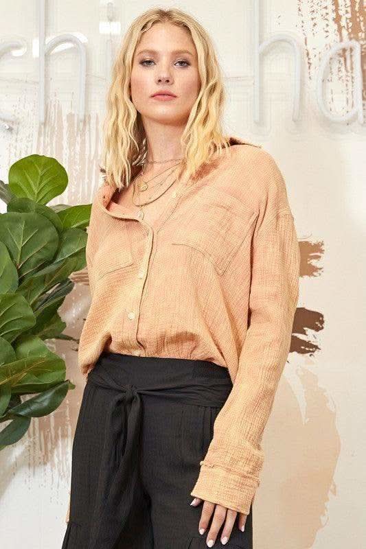 Washing Wrinkled Gauze Button Down Shirt With Rough Edge - SwagglyLife Home & Fashion