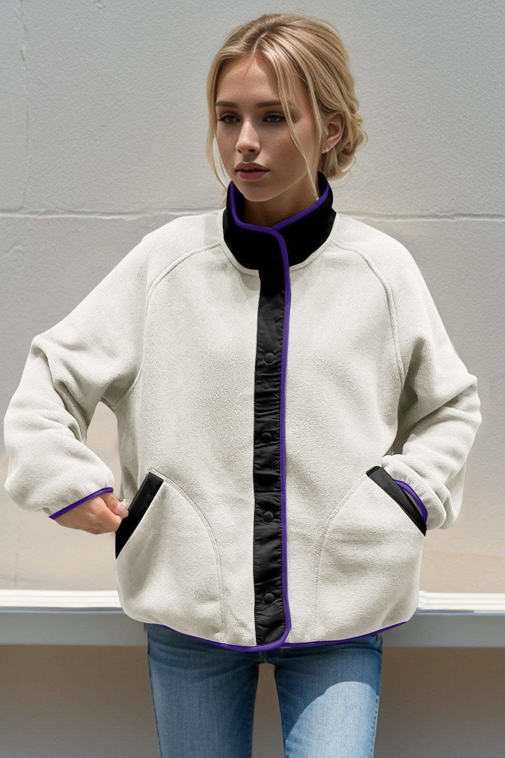 Double Take Snap Down Contrast Fleece Jacket with Pockets in Light Gray One Size - photo