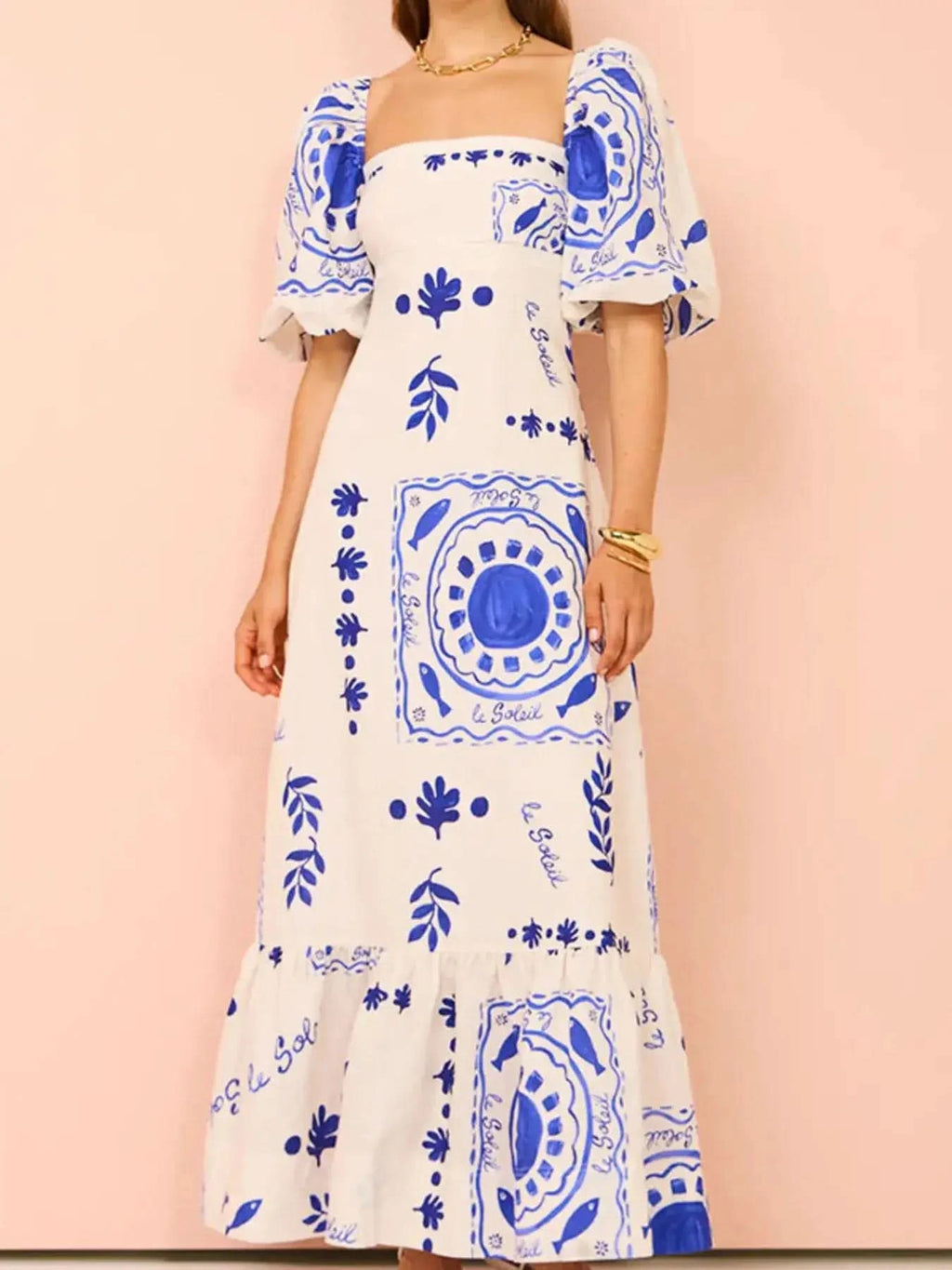 Floral Square Neck Puff Sleeve Maxi Dress with Ruffle Hem in - photo