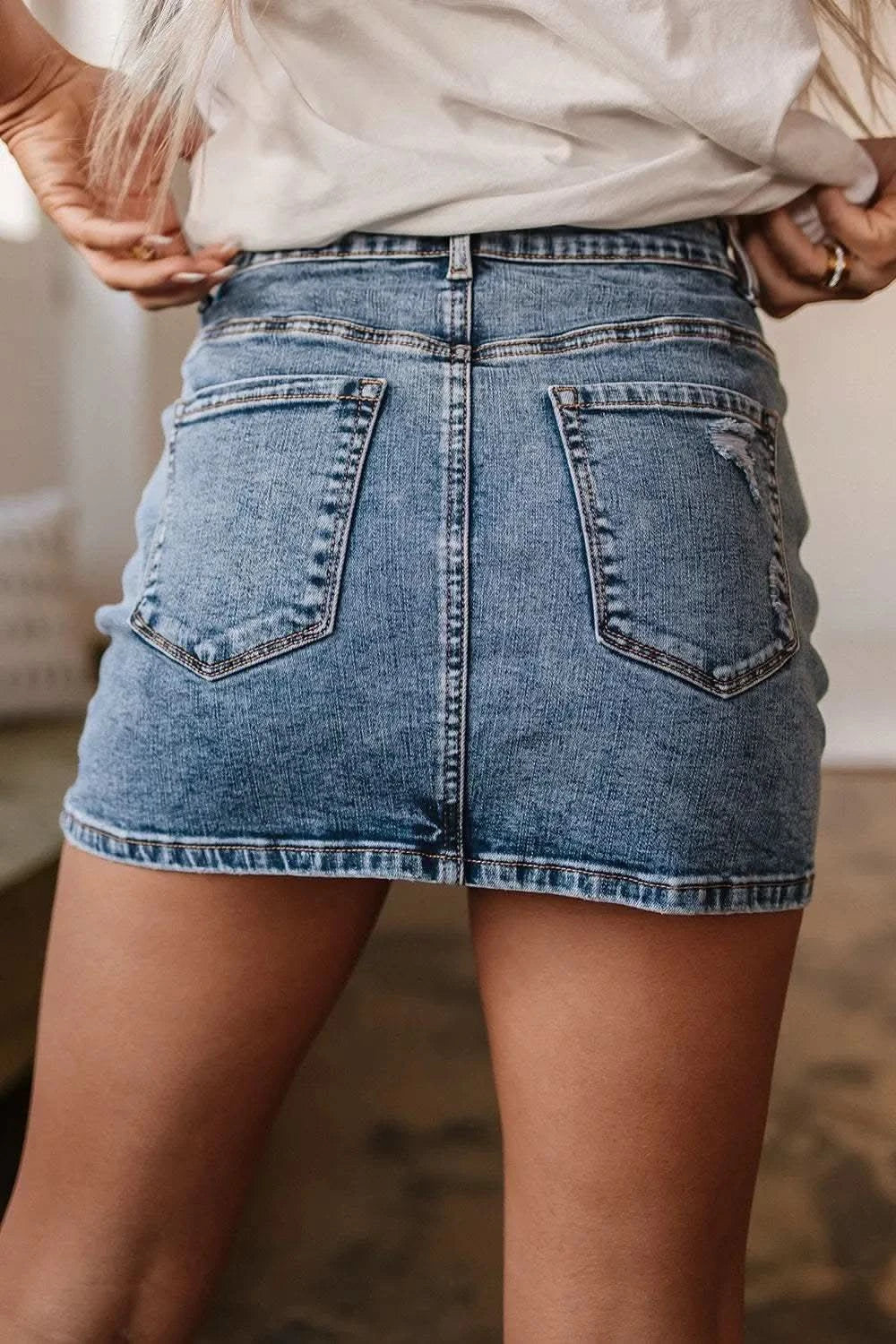 Rhinestone Distressed Denim Mini Skirt - SwagglyLife Home & Fashion