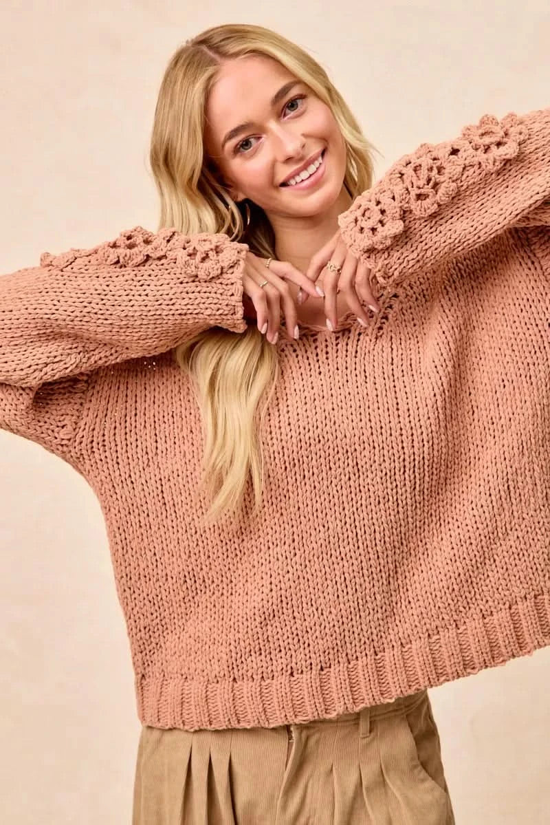BiBi Chunky Knit Sweater with Flower Detail Sleeves in - photo