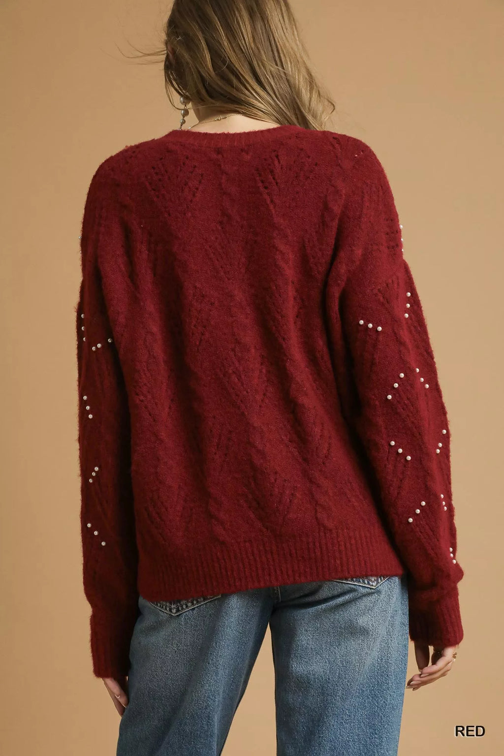 Umgee Pearl-Embellished Long Sleeve Sweater - SwagglyLife Home & Fashion