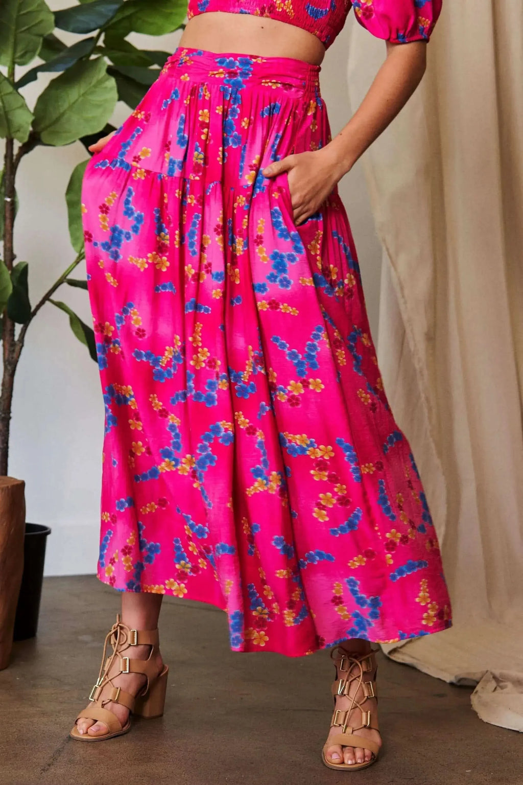 Davi & Dani Printed Smocking Waistband Ruffled Maxi Skirt in CANDY PINK - photo