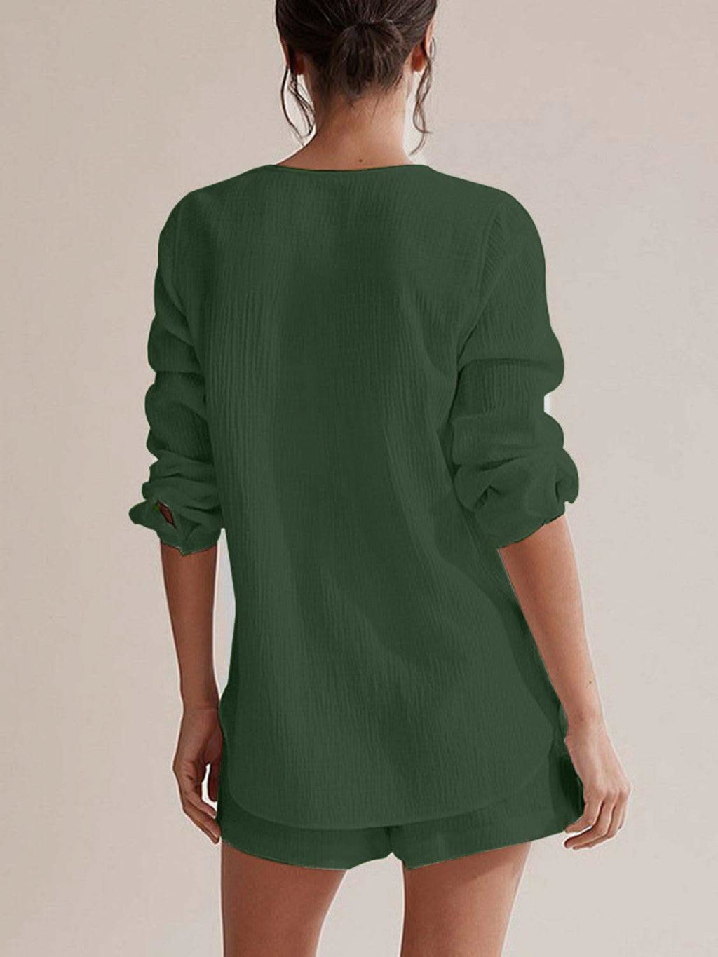 Notched Long Sleeve Top and Shorts Set - SwagglyLife Home & Fashion