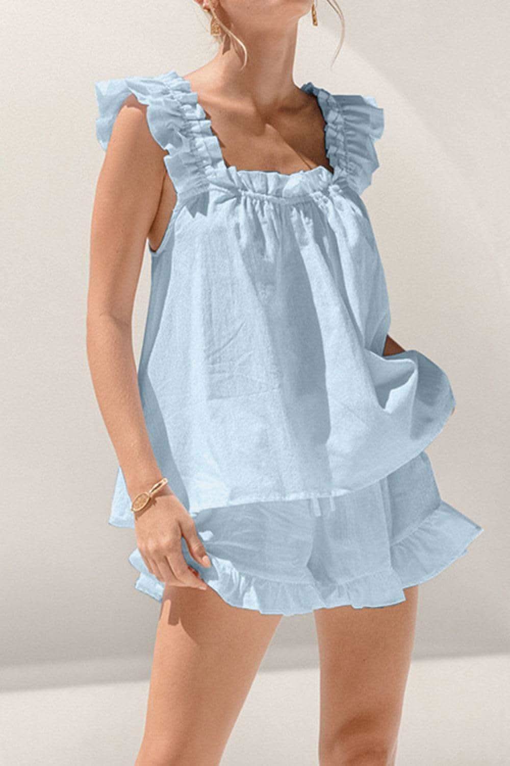 Ellie Ruffled Square Neck Top and Shorts Set - SwagglyLife Home & Fashion Ellie Ruffled Square Neck Top and Shorts Set - SwagglyLife Home & Fashion