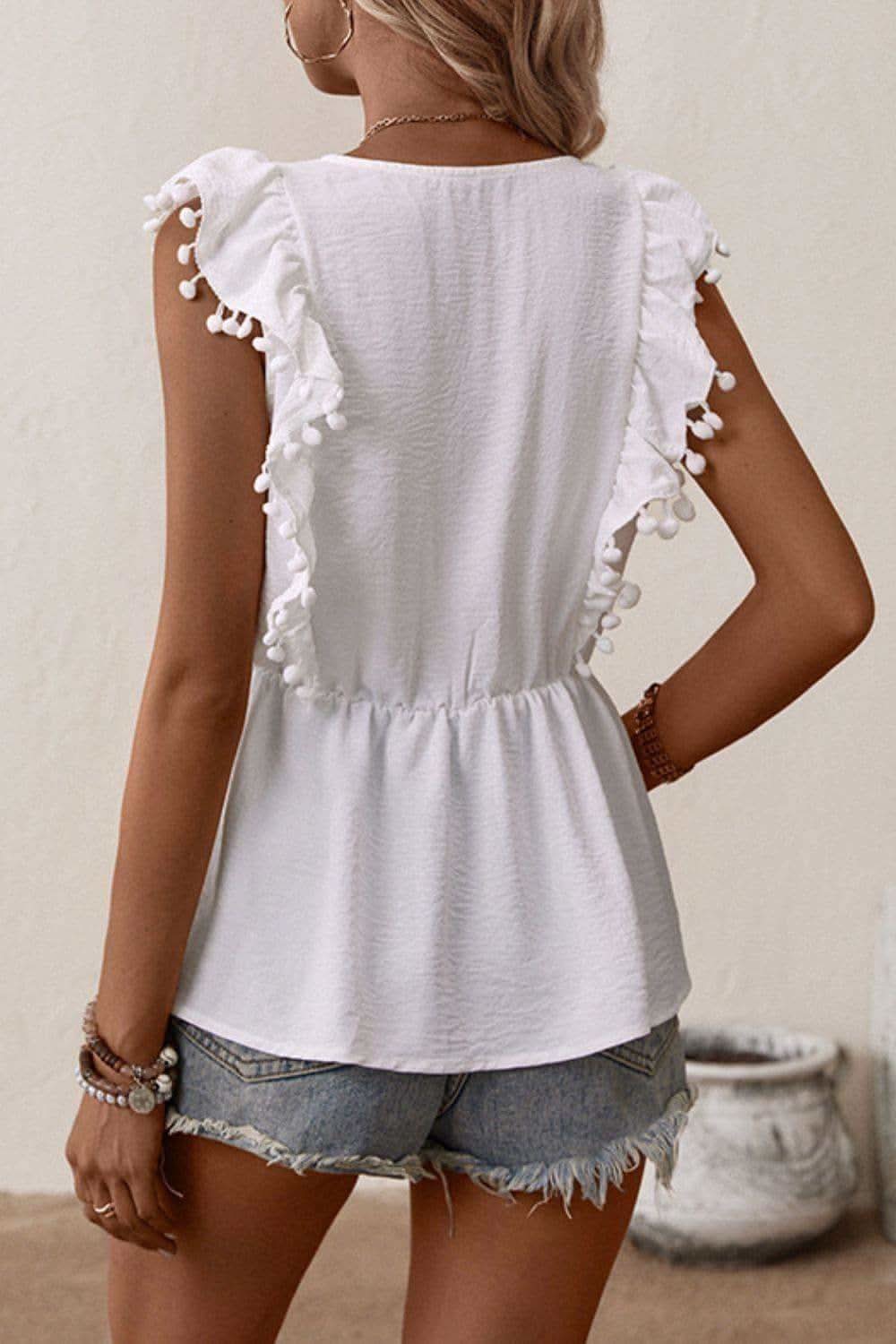 Embroidered Pom-Pom Trim Cap Sleeve Babydoll Top in - Shirts & Tops photo