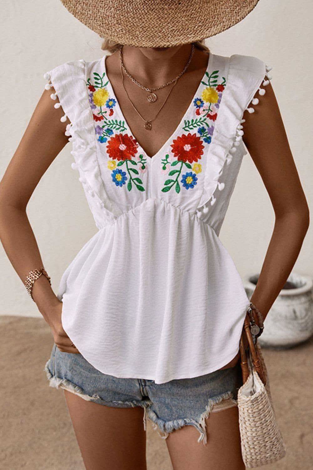 Embroidered Pom-Pom Trim Cap Sleeve Babydoll Top in - Shirts & Tops photo