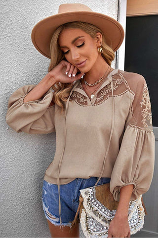 Embroidered Tie-Neck Puff Sleeve Blouse - SwagglyLife Home & Fashion Embroidered Tie-Neck Puff Sleeve Blouse - SwagglyLife Home & Fashion