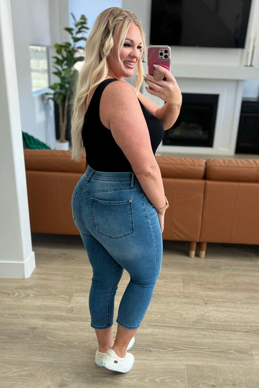 Emily High Rise Cool Denim Pull On Capri Jeans in - Denim photo