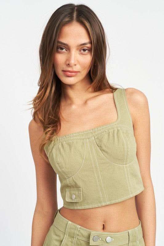 EMORY PARK Lucy Cropped Contrast Corset Top in LT GREEN - Shirts & Tops photo
