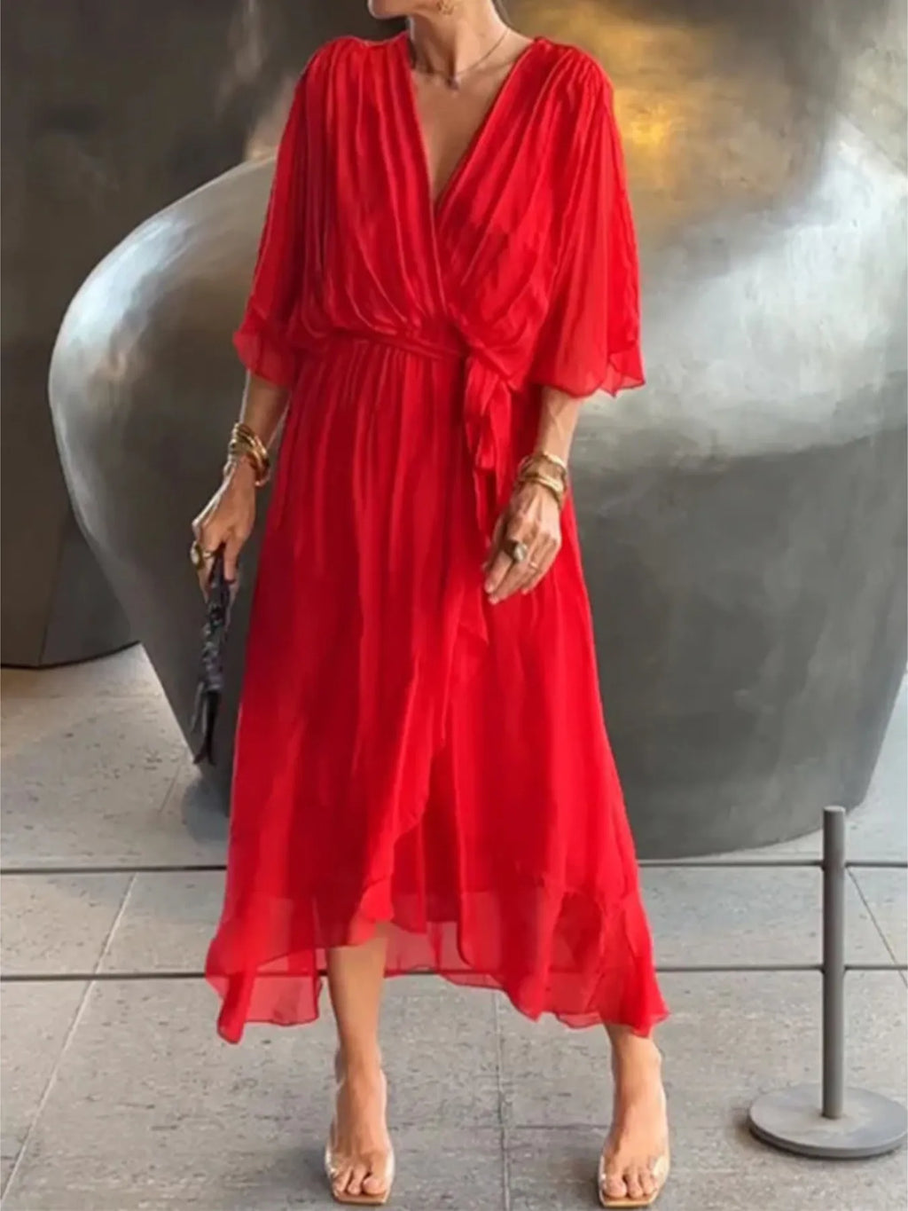 Flowy Tie Front Midi Dress with Flutter Sleeves in Red - photo