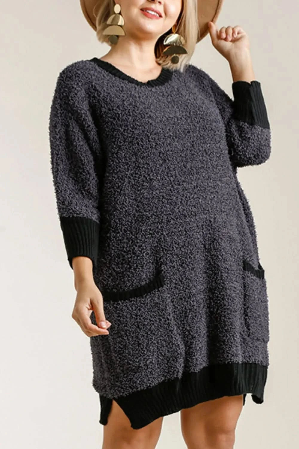 Umgee Full Size Ribbed Hem Round Neck 3/4 Sleeve Sweater Dress with Pockets Plus Size in - photo
