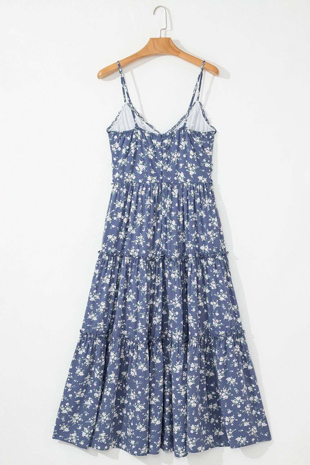 Floral Spaghetti Strap Frilled V Neck Tiered Midi Dress in - photo