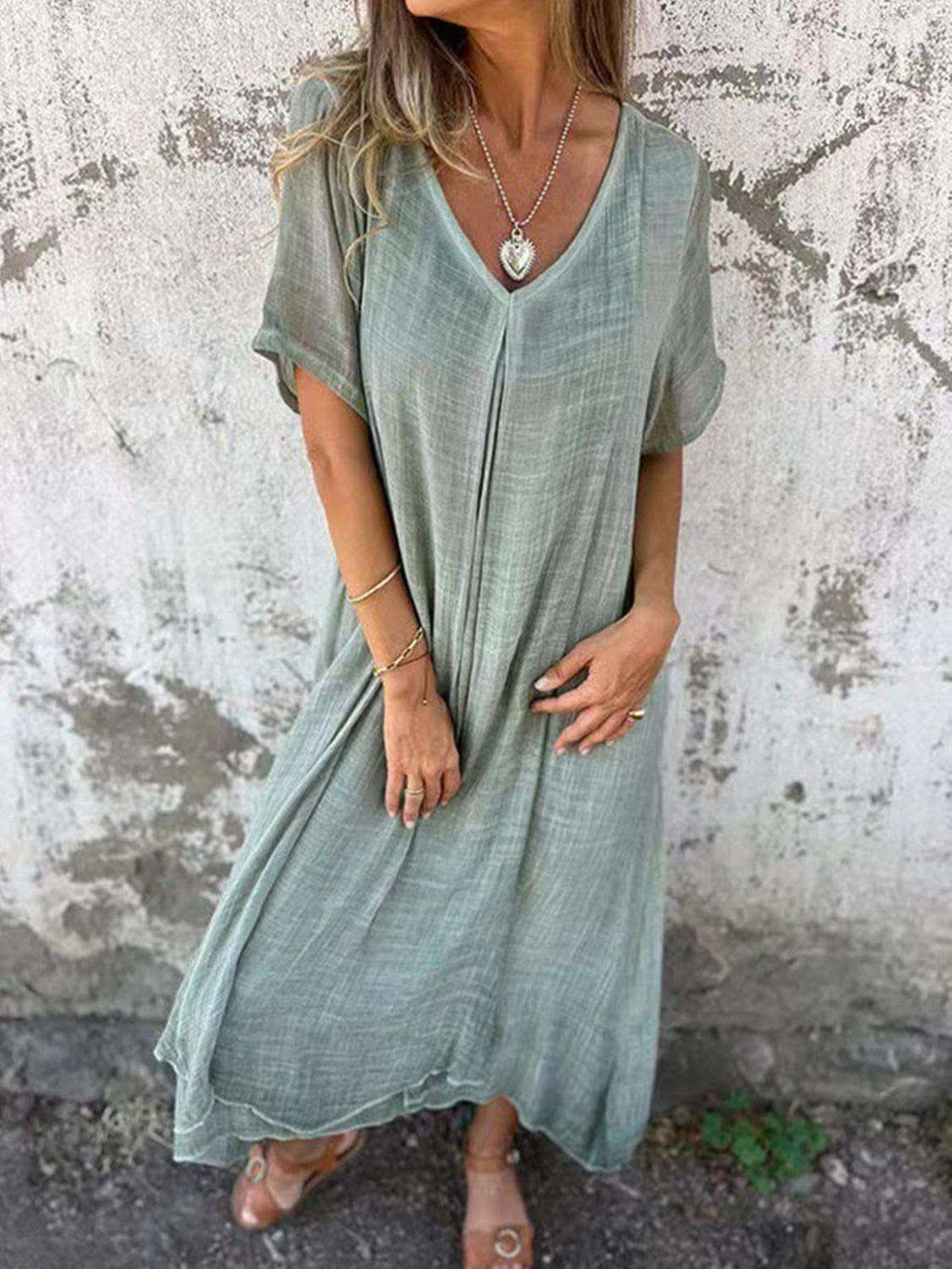 Full Size V-Neck Short Sleeve Midi Dress Plus Size in - dresses photo