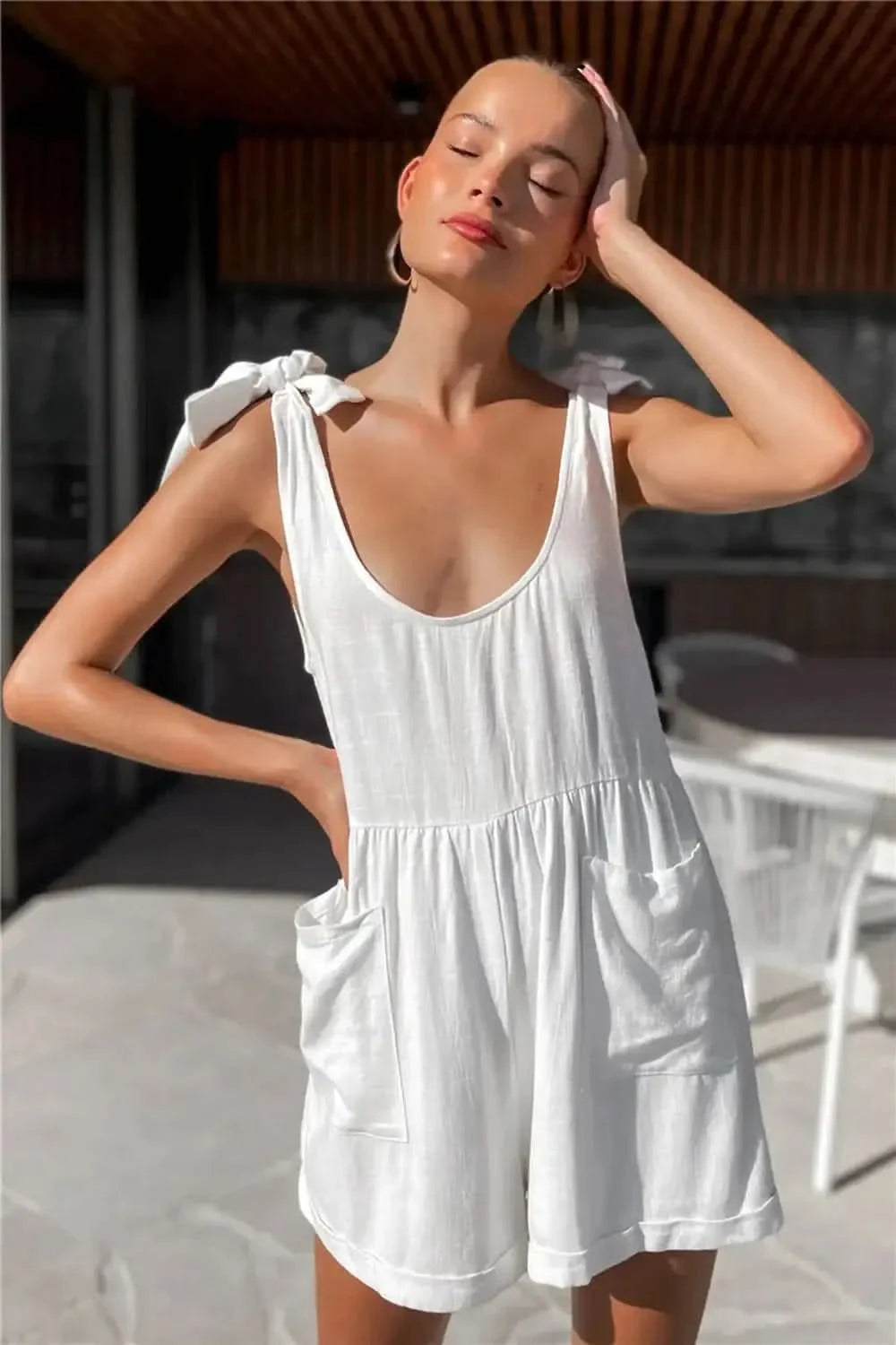 Full Size Scoop Neck Tie Shoulder Romper in White - photo