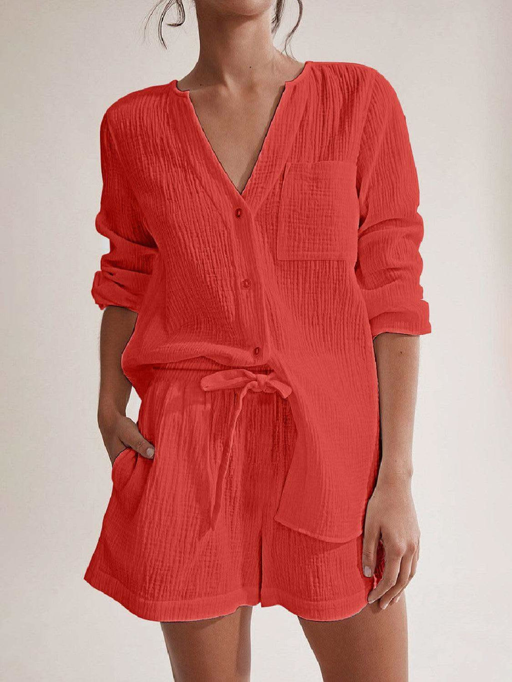 Notched Long Sleeve Top and Shorts Set - SwagglyLife Home & Fashion