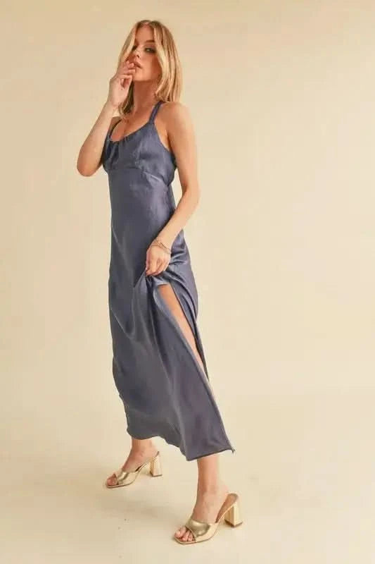 Aemi + Co Ruched Side Slit Cutout Back Maxi Cami Dress in - photo